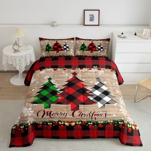 Manfei Plaid Tree Comforter Set Full Size, Wooden Stripe Print Bedding Set 3pcs for Kids Boys Girls Bedroom Decor, Christmas Theme New Year Quilt Set with 2 Pillowcases