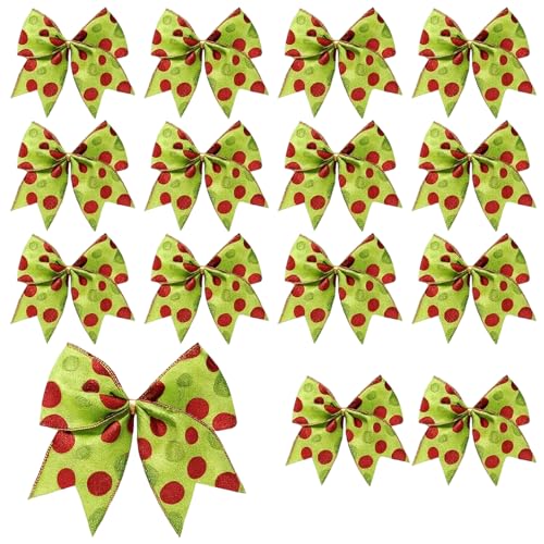 DXPETA Grinch Christmas Tree Decorations 15 Green Bows with Red Accents Festive Grinch Themed Plastic Resin Traditional Style Christmas Occasion