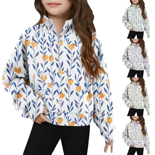 Girls Floral Print Sweatshirt Half Zip Stand Collar Loose Long Sleeve Pullover T-Shirts Casual Tee Tops for Kids 5-14 Years2