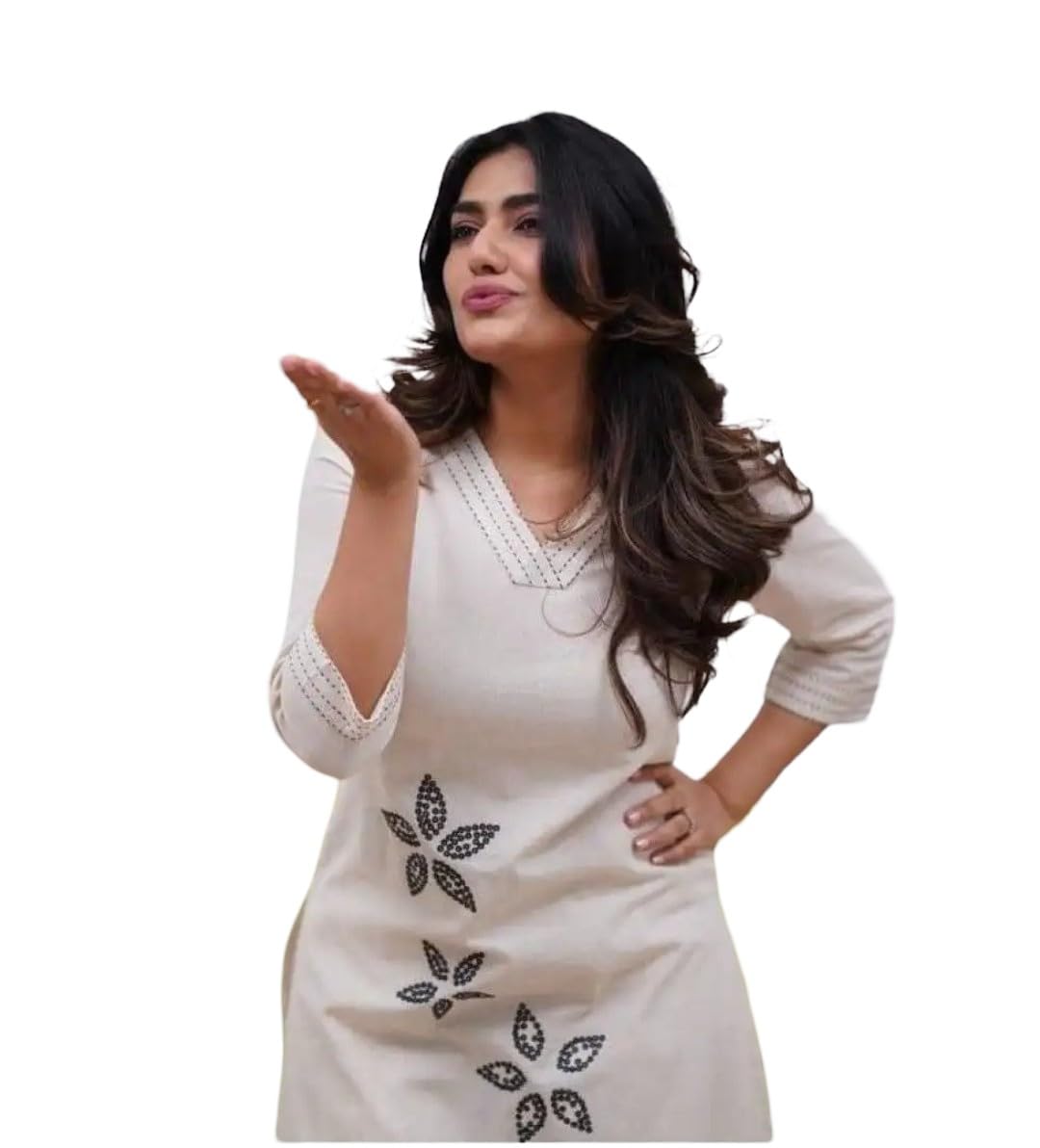 Women's Cotton Kurta with Palazzo Set, Off-White, Floral Embroidery, 3/4 Sleeves, V-Neck