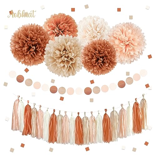 Image of AOBKIAT 28PCS Fall Party Decorations Kit with Dusty Brown Orange Khaki | Boho Retro Style with Paper Pom Poms,Garland,Tassels for Autumn Baby Shower,Bridal Showers,Wedding,Birthday,Thanksgiving
