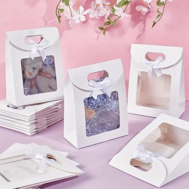 Emartbuy Sacchetti Regalo In Carta Kraft Bianca Con Finestra Trasparente - 15x10x6 Cm, Confezione Da 24, Riciclabili