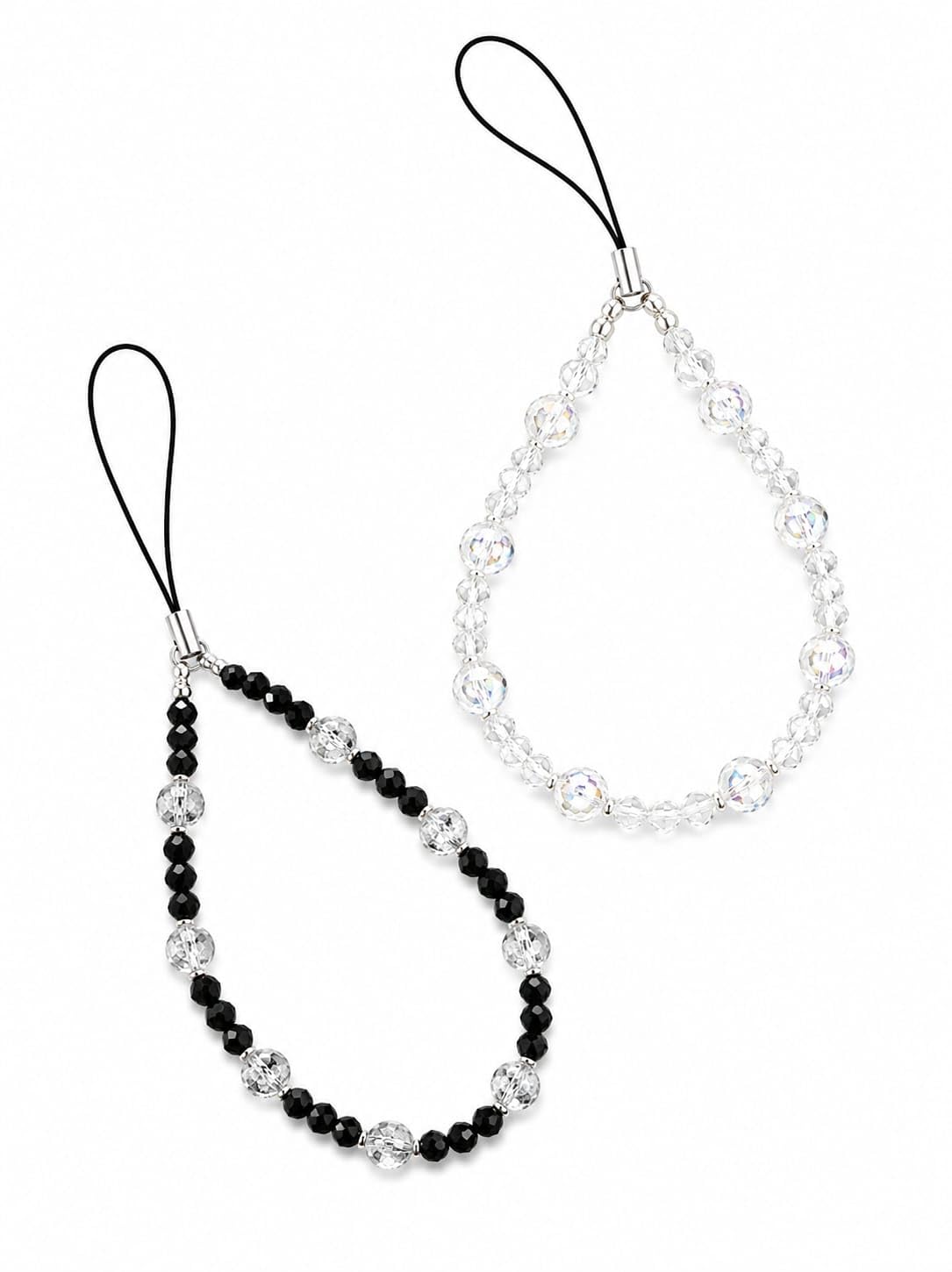 Crystal Beaded Phone Charm Strap Set of 2 – Faceted Glass Bead Wrist Lanyard for Phone Case | Black & Clear Phone Loop Charm Accessories for Women Girls-image-15