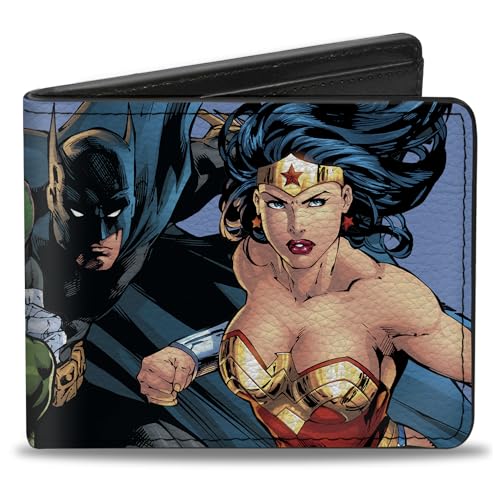 Buckle-Down Men's DC Comics Wallet, Bifold, Justice League New 52 Superhero Group Action Poses Sky Blue, Vegan Leather, 4.0