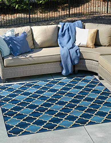 Unique Loom Trellis Collection Area Rug-Lattice Design, Moroccan Inspired for Indoor Outdoor Décor, 6 0 x 6 0 Square, Blue Beige