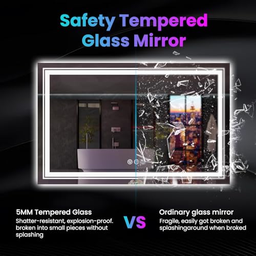 LED Mirror for Bathroom, 55"X36" with 8 RGB Backlit +3 Front Lit (Adjustable Individually), Anti-Fog, Large Lighted Bathroom Vanity Mirror for Wall,Shatterproof,Memory Function,Tempered Glass