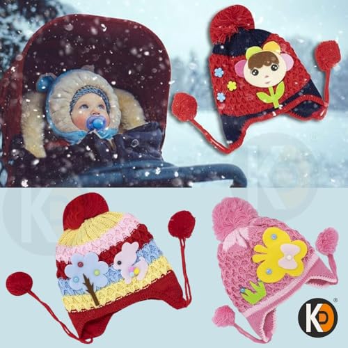 Image of K D Baby /Kids Warm Acrylic Woolen Skull Cap with Inner Lining & Pom Pom for Boys & Girls (3 Months to 1 Year) (Kids Winter Cap 01 pcs)