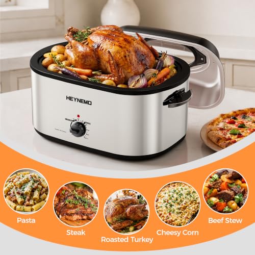 Image of 30 Quart Large Turkey Roaster with Defrost & Warm Functions, Electric Roaster Oven with Visible Self-Basting Lid, Adjustable Temperature Control, Removable Pan & Rack, Stainless Steel, Silver