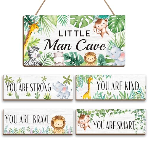Image of Guiqulai Safari Nursery Decor Woodland Animal Theme Little Man Cave Sign Safari Wall Decor for Toddler Boy Kids Bedroom Living Room, Wooden Animal Wall Art Decorations