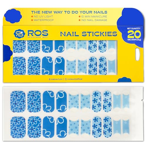ROS Beauty Nail Stickies | 20 Count | Easy-to-Apply Vibrant Nail Art Stickers | Long-Lasting, Lightweight, & Mess-Free | Unique Designs for Effortless DIY Manicure | Blue Blooms