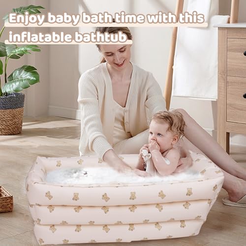 Image of AirSwim Inflatable Baby Bathtub with Built-in Air Pump, Portable Bathtub for Babies 0-5 Years Old, Small Ball Pool, Foldable Bath Tub for Travel, 30.7 x 14.6 Inch (Bear Head)