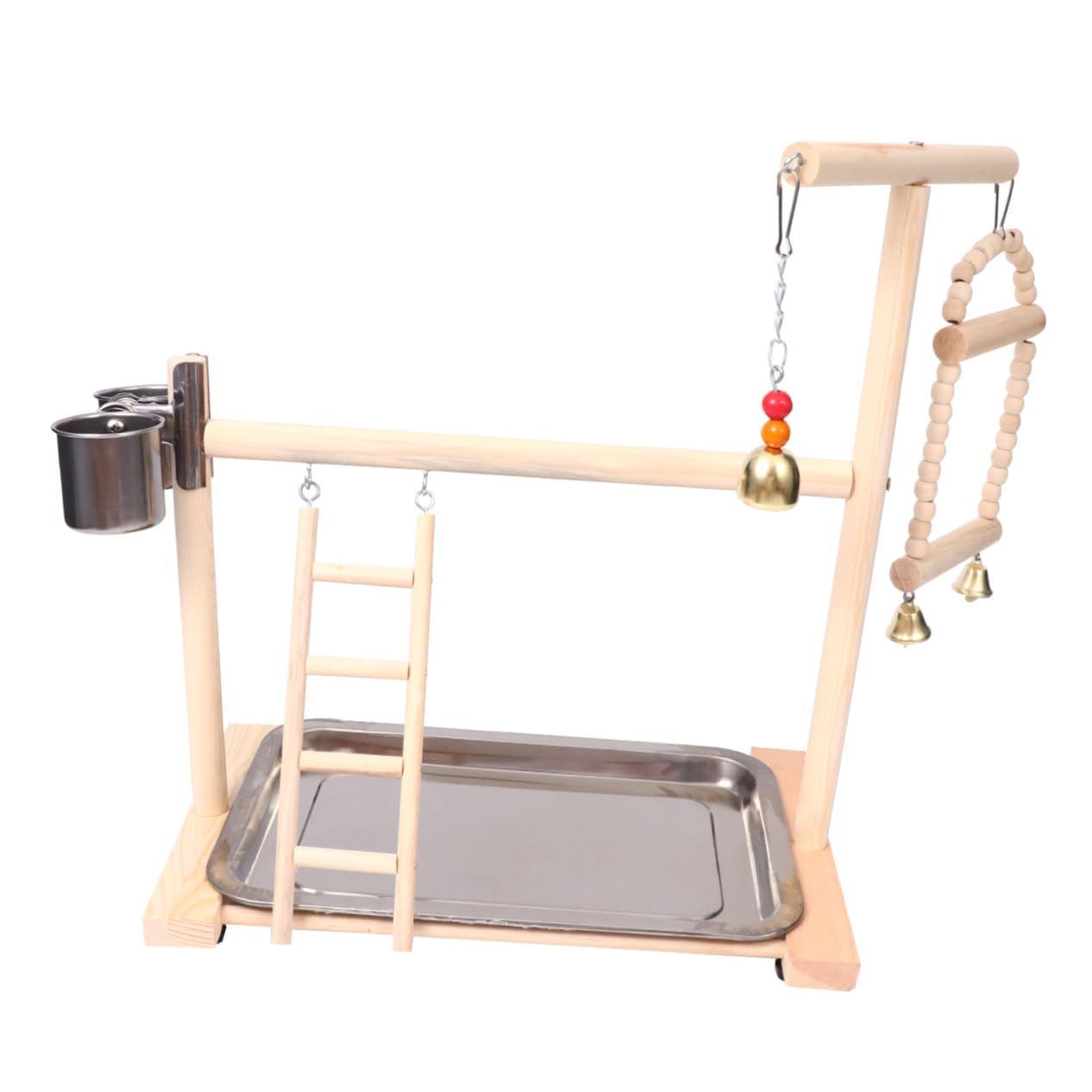 Happyyami Area Giochi per Pappagalli in Legno e Acciaio Inox | Anello e Campanella, per Gabbia e Giardino, Struttura Resistente e Arrampicata Colore Casuale