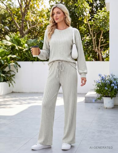 Image of Blooming Jelly Women Ribbed Long Sleeve Pajama Sets Fall Loungewear Pockets