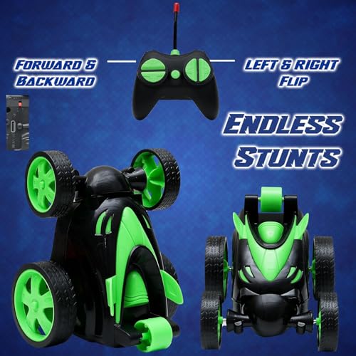Image of The Flyers Bay DB2060 Rechargeable 360 Rotating & Rolling Small Stunt Car Toy with USB Cable & Remote Controller | Red Color, Power Source: Lithium Battery in Car (Included) (Green)