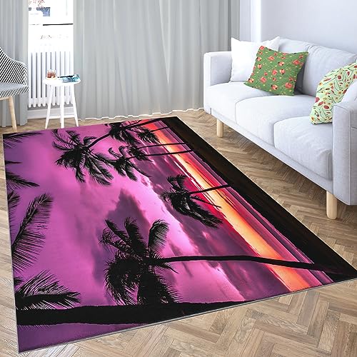 カーペット 紫色の夕日のヤシの木 120 x 180cm ラグマットラグ 防音マットフロアマットラグ 絨毯 テレワーク デスクカーペット 玄関マット 滑り止め付きオールシーズン キャンプ ラグ 子供部屋/リビングマット