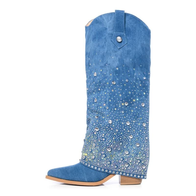 sexytag Women's Sparkly Rhinestone Cowboy Western Denim Boots Knee High Pointed Toe Pull-On Jean Boots