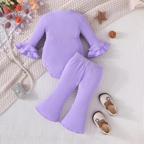 Baby Girls Outfits Sets Casual Playwear Pure Color Round Neck Top with Bow Tie Sleeves and Flared Pants Comfy2