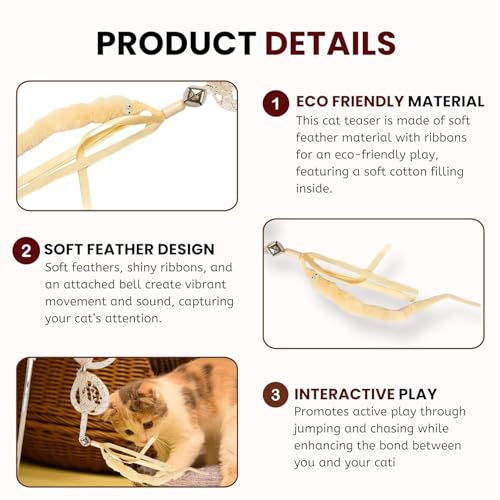 Image of Foodie Puppies 5 Pcs Cat Teaser Stick Toy Gift Combo for Cats & Kittens - (Woolly, Stripe, Rattle, Ball, Mouse Bell) | Interactive Play with Natural Feather Wooden /Plastic Wand Teasing Stick (40cm)