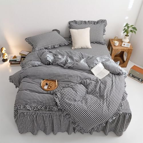 Image of mixinni Black White Gingham Ruffle Duvet Cover Queen Size 3 Pieces - 100% Washed Cotton, Vintage Plaid Ruffled Bedding Set with Zipper Ties, Soft Checkered Grid Farmhouse Chic Comforter Cover Set