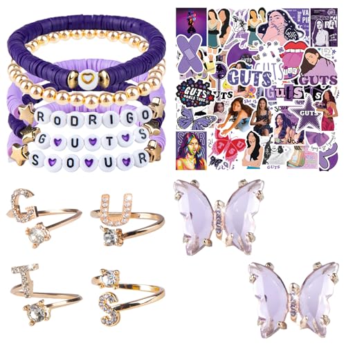 Kitimi Olivia Merch Set for Fans Guts Sour Music Album Inspired Bracelet Purple Rodrigo Bracelet Purple Butterfly Earrings Stickers for Concert Fan Music Lover Gifts