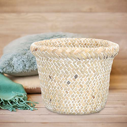 Image of Alipis Rattan Woven Trash Basket with Lid 7.08 X 7.08 X 5.51 in Versatile Waste Basket for Kitchen Bedroom Bathroom Toy Storage Home Organization
