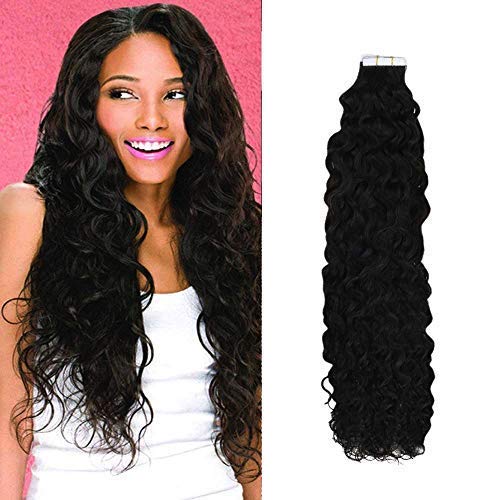 Tape Hair Double Sided Real Human Hair Extensions for Women Natural Wave Black Color 14 Inch 50 Grams