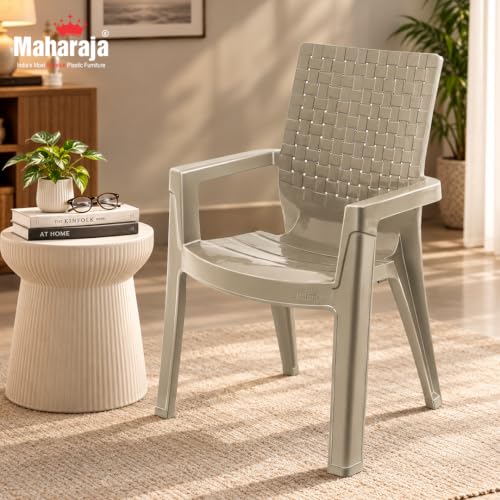 Image of MAHARAJA Heavy Duty Plastic Chairs for Home & Office | Comfortable | Arm Rest | Bearing Capacity up to 200Kg Plastic Outdoor Chair (Olive-Grey, Pack of 4)