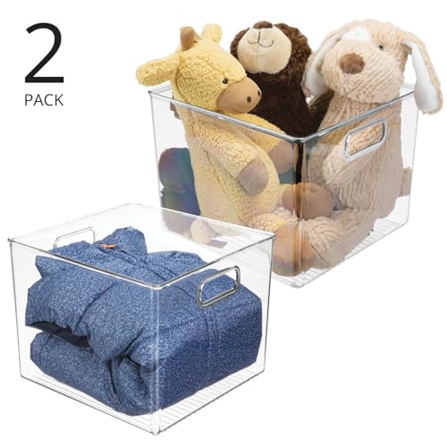 mDesign Plastic Deep Home Storage Organizer Basket Bin with Handles for Cube Furniture Shelving in Office, Closet, Bedroom, Laundry Room, Nursery, Kids Toy Room Shelf, 2 Pack, Clear - Image 4