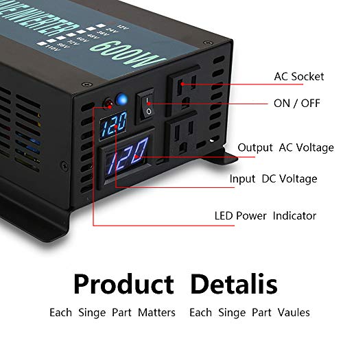 Pure Sine Wave Inverter 600Watt 12V DC to 120V AC Power Converter 1200W Surge - Thumbnail 2