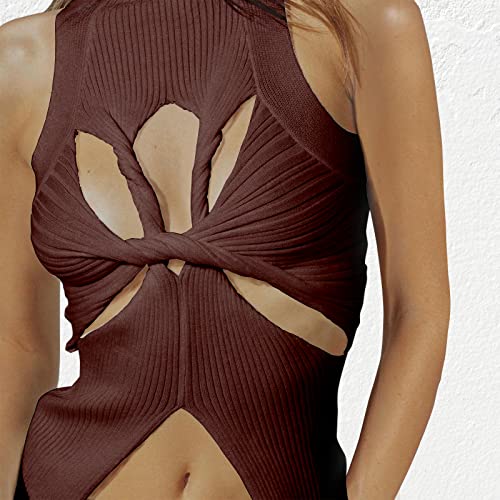 Image of Women Strapless Crop Top Sexy Hollow Out Twist Front Knitted Tank Tops Sleeveless Y2K High Neck Cut Out Sweater Vest