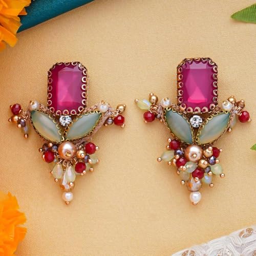 Image of SANJOYA Gold Plated Traditional Embroidered Jewellery for Women & Girls | Stone Studded Wedding, Festive, Mehendi, Sangeet Collection | Necklace, Earrings, Maang Tikka, Bracelet & Ring