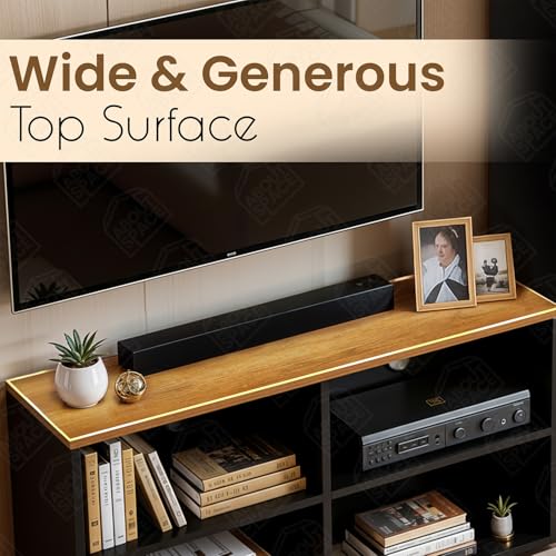 Image of ABOUT SPACE TV Unit - Engineered Wooden TV Stand 32 inch to 50 inch Table Cabinet with Bottom Storage, Side Rack, Cable Hole for WiFi Router Stand Console Table for Living Room, Bedroom (Black & CM Oak)