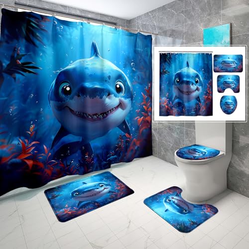 CDIWIDH 4 Piece Shark Shower Curtain Set for Kids -