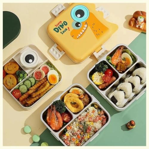 Image of TEKCOOL Yellow Kids Lunch Box - Stainless Steel Insulated Tiffin for School with Spoon, BPA-Free | Leak-Resistant Bento Box with Tray & Container | 1120ml + 70ml (Yellow, Super Dinosaur);'