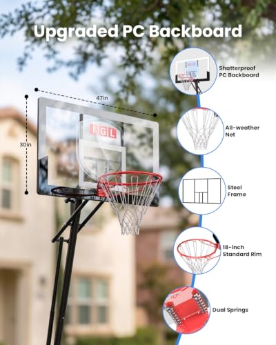 Image of IGL Basketball Hoop Outdoor 47 Inch, Height Adjustable 5.3-10 FT, Portable Basketball Goal with Shatterproof Backboard for Kids Teens Adults, Backyard Driveway