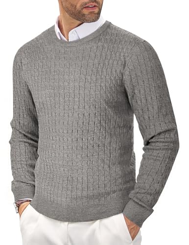 COOFANDY Men's Crewneck Cable Knit Sweaters Long Sleeve Lightweight Casual Twist Patterned Pullover Sweater B-Grey