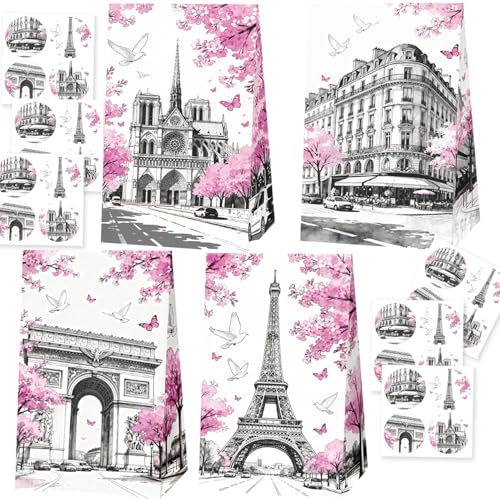 24 PCS Paris Eiffel Tower Gift Goodie Bags with Stickers Pink Eiffel Tower Paper Bags European City Landscape for Paris City Landscape Theme Birthday Party Wedding Supplies