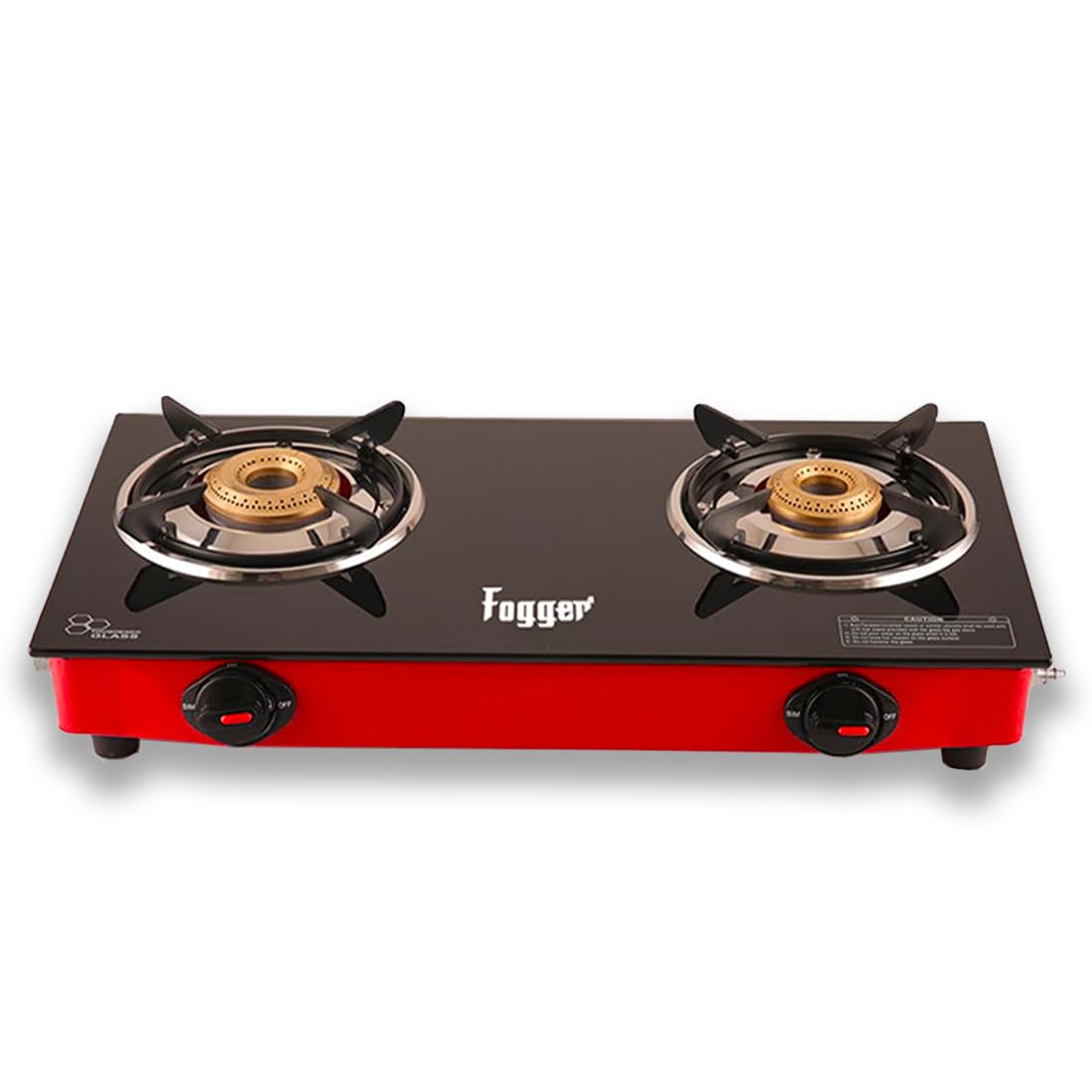 fogger 2 burner gas stove, black toughened glass top, red frame, 2 year warranty