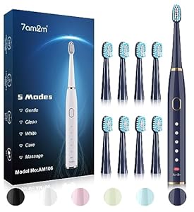 7AM2M Sonic Electric Toothbrush for Adults and Kids- High Power Rechargeable Toothbrushes with 8 Brush Heads (Navy)