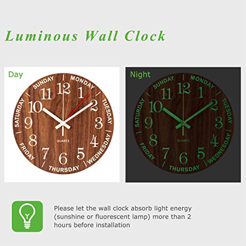 Night Light Wall Clock, Time of Day & Day of The Week Glow in Dark Luminous Wall Clock, Silent Battery Operated Elderly Retirement Analog Wall Clock for Living Room, Bedroom, Kitchen - 12 Inch