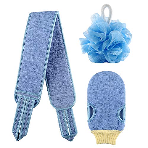 Aethland Exfoliating Back Scrubber for Shower, Include Back Scrubber with Handles, Loofah and Bath Gloves Back Washer to Deep Clean Relax Your Body(31.5 inch length 3.4 inch width)(Blue)