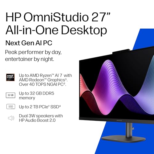 Image of HP OmniStudio All-in-One Desktop Next Gen AI 27-cw0270 PC, Windows 11 Home, 27 inch, Touch Screen, AMD Ryzen AI 7, 16GB RAM, 2TB SSD, FHD, Cotton White