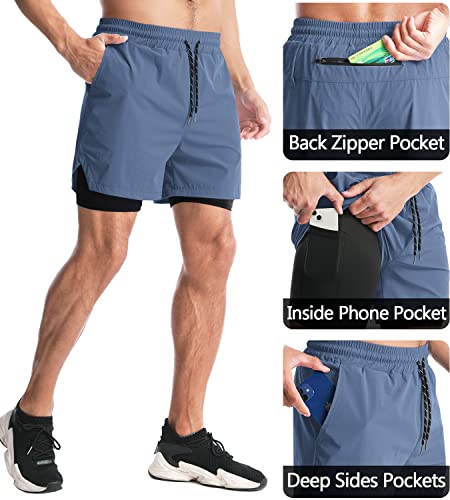Aolesy Men’s 2 In 1 Running Shorts 5 Inch Workout Gym Athletic Shorts For Men Quick Dry Lightweight Training Shorts With Pockets Blue #TOP1