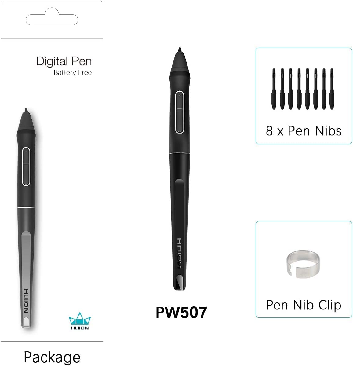 HUION Stylus PW507 sin Batería, Bolígrafo Digital PW507 con 8192 Niveles de Presión del Lápiz,con la Tasa de Informe más Alta de 266PPS,Compatible con Kamvas 20 (GS1901), Kamvas Pro 12,Pro 13,Pro 16
