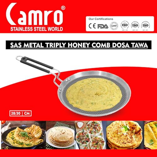 Image of Camro Tawa for Roti and Dosa | Triply Honeycomb Tawa 28cm | Induction Base Dosa Tava Non Stick | Perma-Cool Handles | Base & Induction Compatible | Metal Spoon Friendly | Sturdy Handles