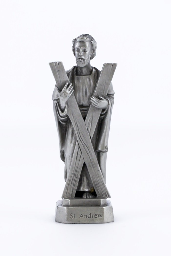 The Bethany Collection - Fine Pewter Statues Catholic Saint St Andrew with Laminated Prayer Card, 3 1/2 Inch