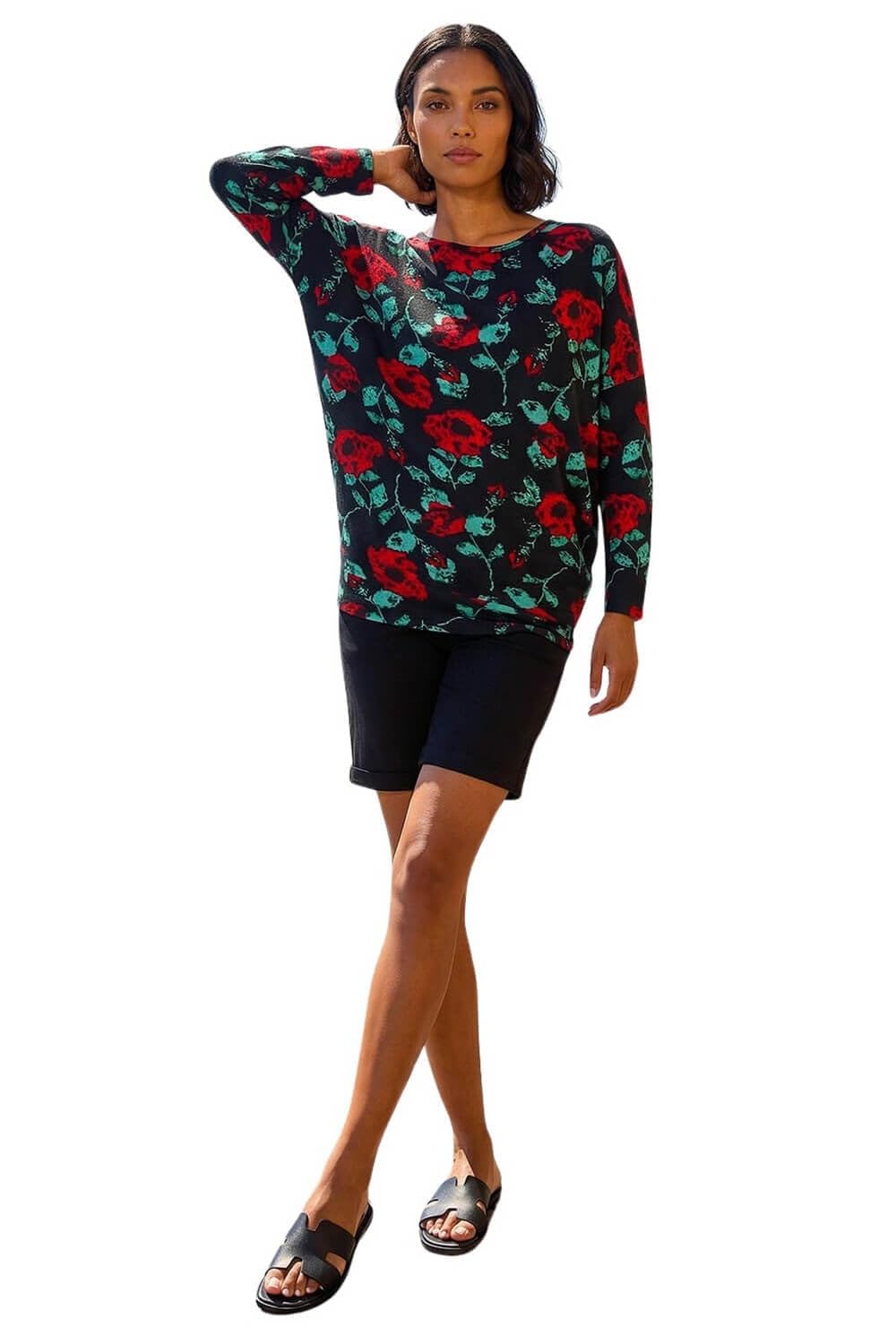 Roman Blouson Top for Women UK Ladies Drop Shoulder Long Sleeve Jersey Stretchy Oversized Casual Office Jumper Soft Everyday Sweater Lounge Sweatshirt Blouses - Red Floral - Size 20