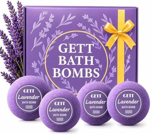 GETT Lavender Bath Bombs 4-Pack, Individually Wrapped Bath Bombs for Men & Women, Luxury Gift Set with Vegan and Essential Oils, Relaxing and Moisturizing Bubble Bath, Organic Bath Essentials for All
