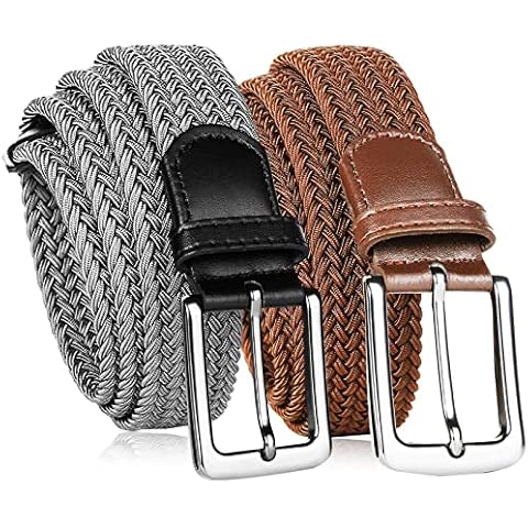 Mens Belts Casual Nylon Tactical 2 Pack Adjustable Stretch Braided Web Belt Outdoor Golf for Men Pants Jeans, Grey/Brown, 36/40" Waist Cover