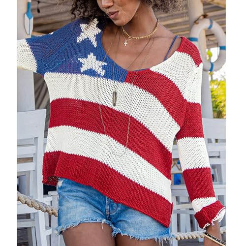 Image of Women American Flag Sweater Loose Vintage USA Sweatshirt Long Sleeve Crewneck Hollow Out 4th of July Jumper